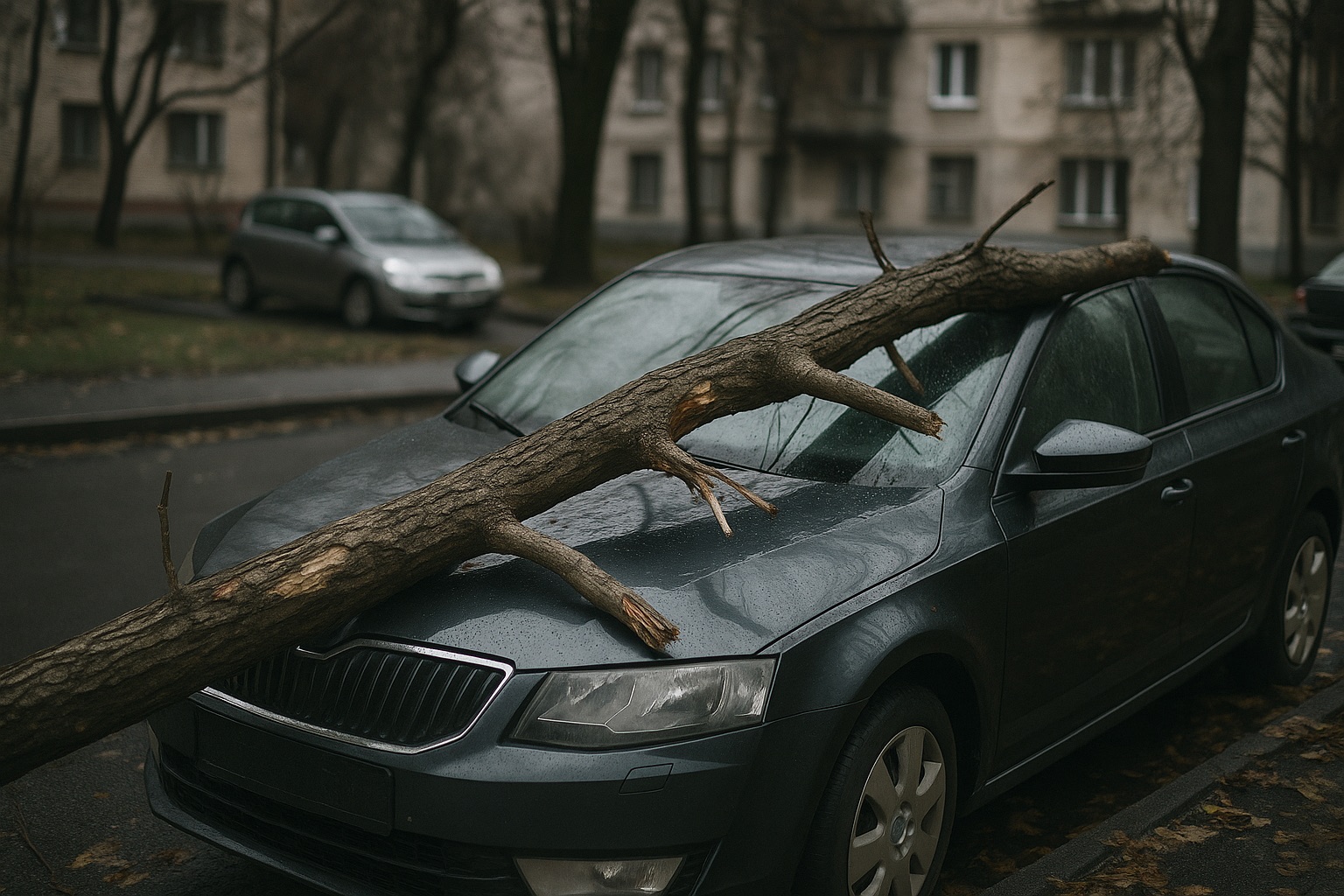 Упавшее дерево на капоте автомобиля во дворе