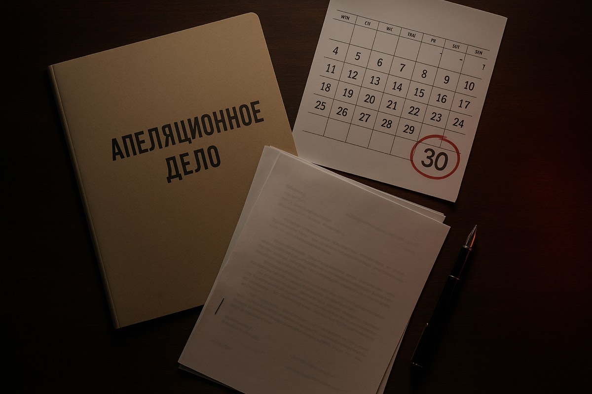 Папка апелляционной жалобы по гражданскому делу и календарь со сроком один месяц на столе адвоката