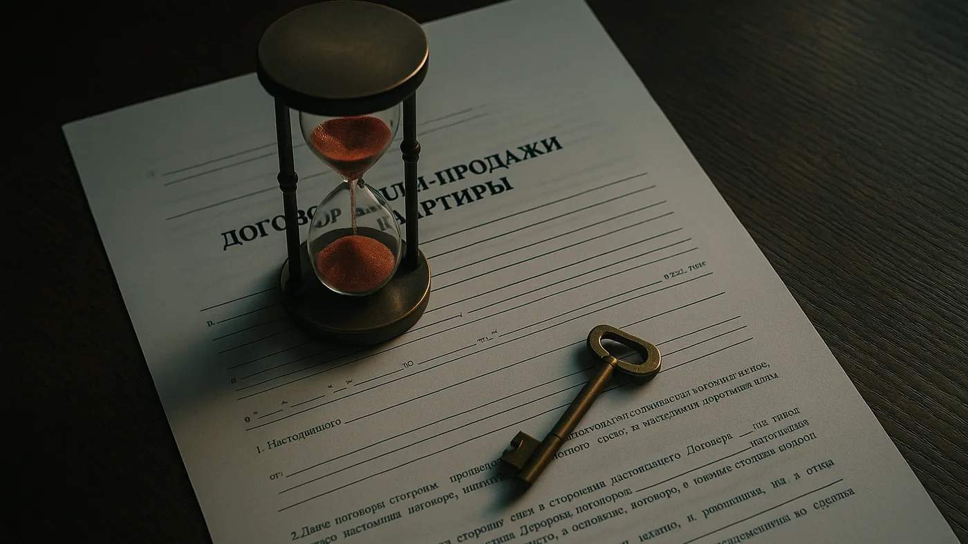 Договор купли-продажи квартиры, песочные часы и ключ на столе - срок давности по сделке