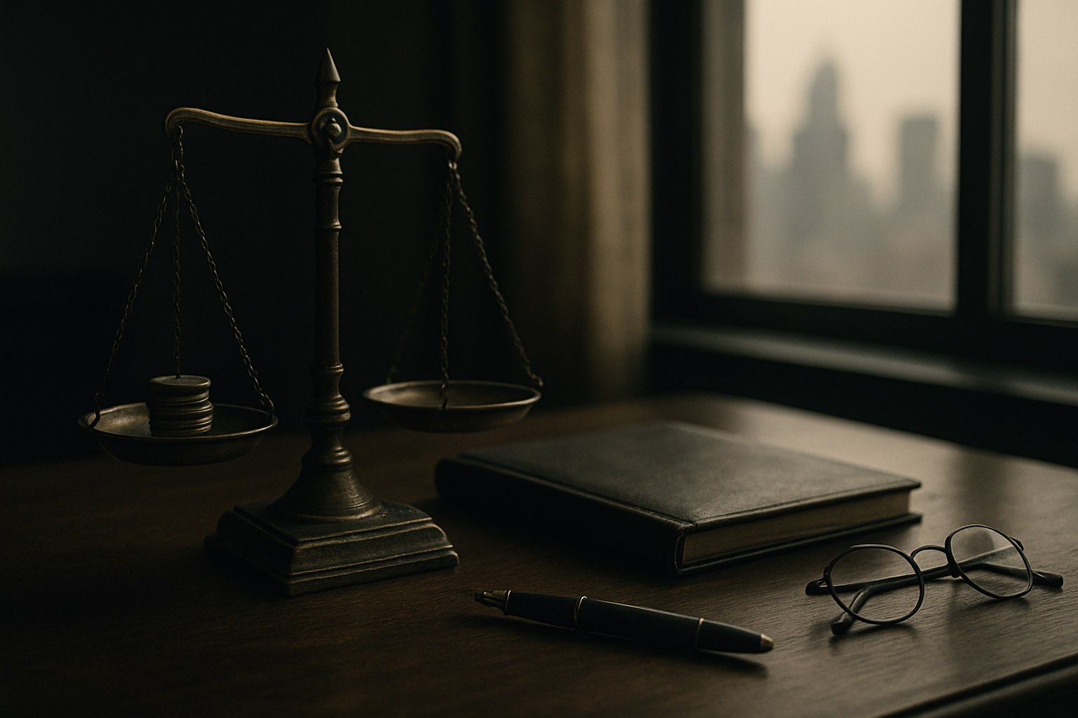 Латунные весы правосудия и стопка монет на столе адвоката